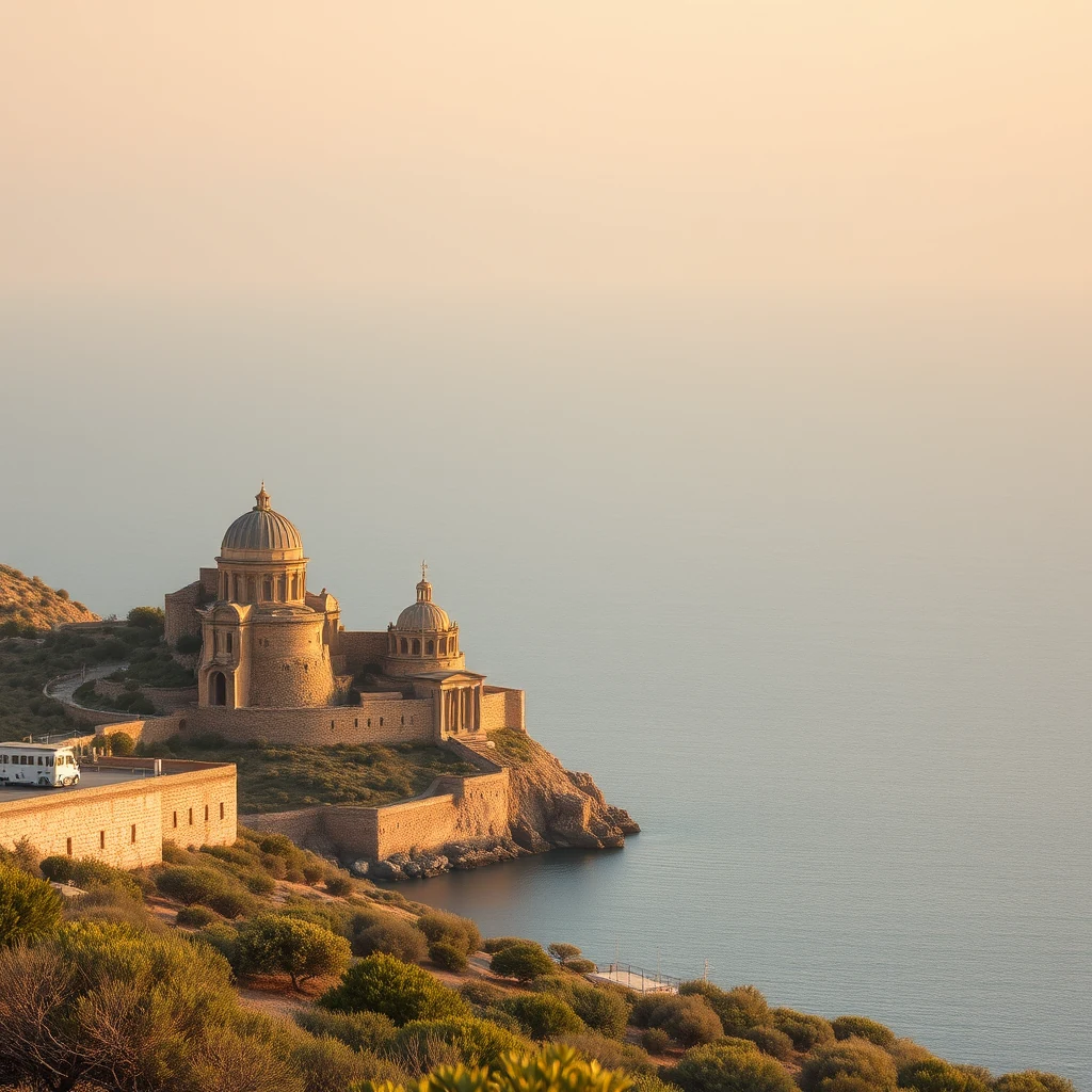 A historic stone structure with domed roofs stands on a cliff overlooking the calm sea at sunset, showcasing the architectural beauty of Rhodes, a Greek island renowned for its astronomical significance during the Hellenistic period.