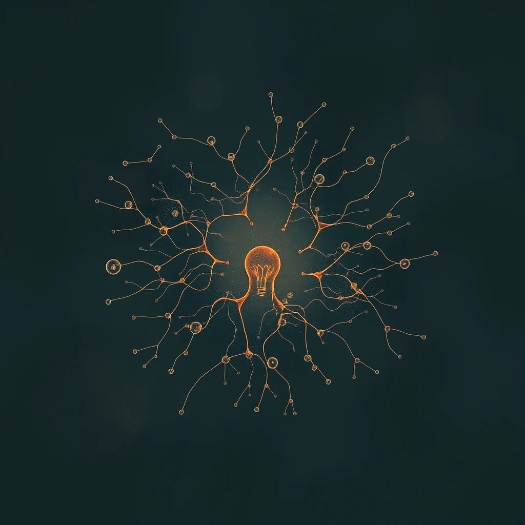 A glowing light bulb at the center radiates outwards with intricate, branching lines resembling neural connections, symbolizing the concept of rhodopsin's role in vision.