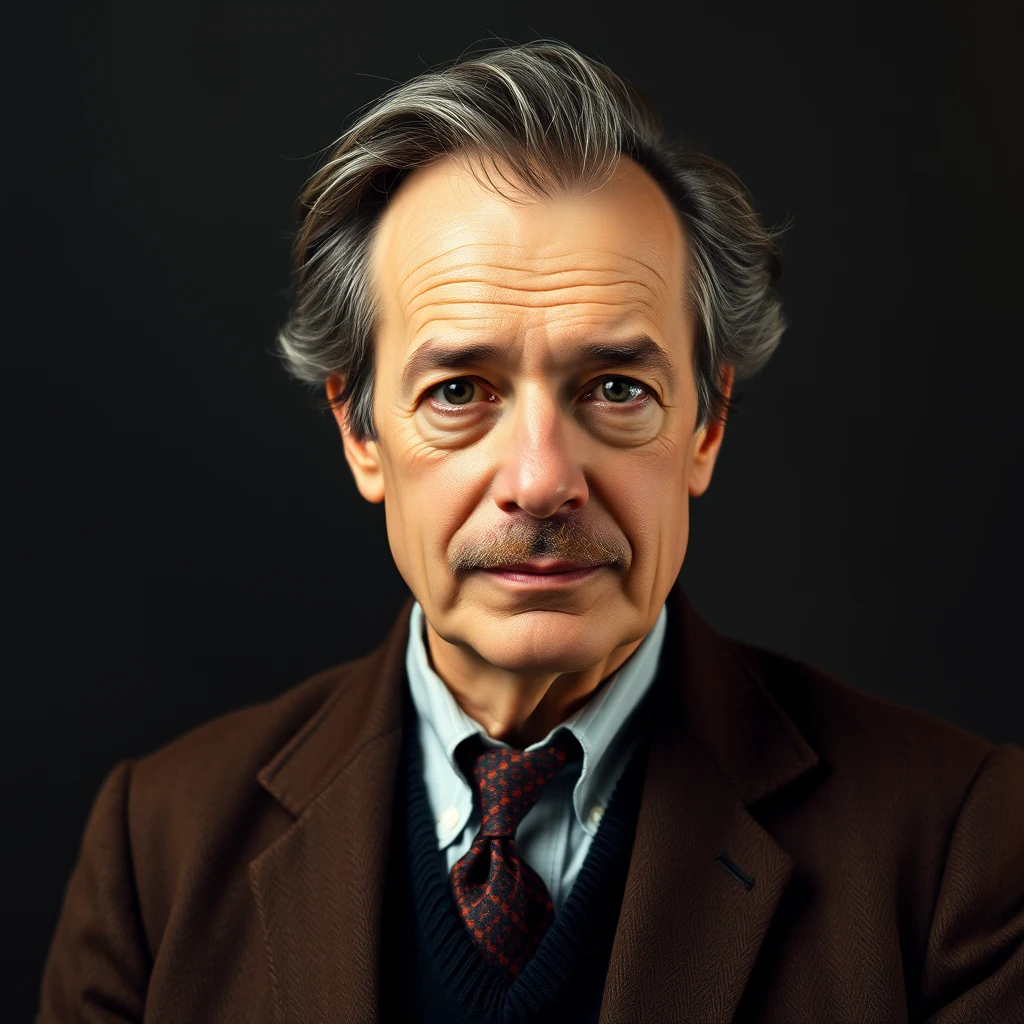 A man with gray hair and a mustache wearing a brown suit jacket, light blue shirt, and patterned tie stands against a dark background.