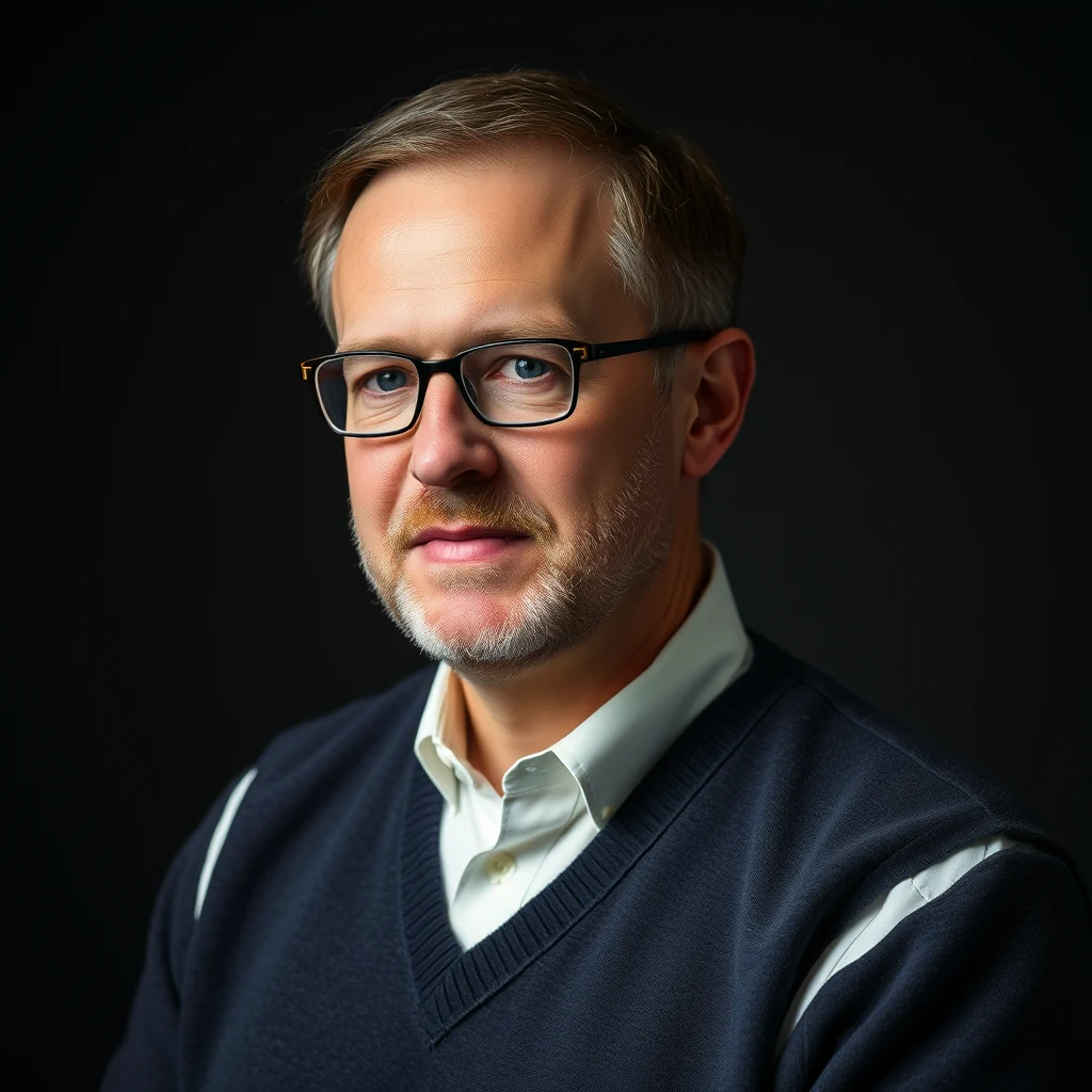 A man wearing glasses and a dark sweater over a white shirt stands against a dark background.