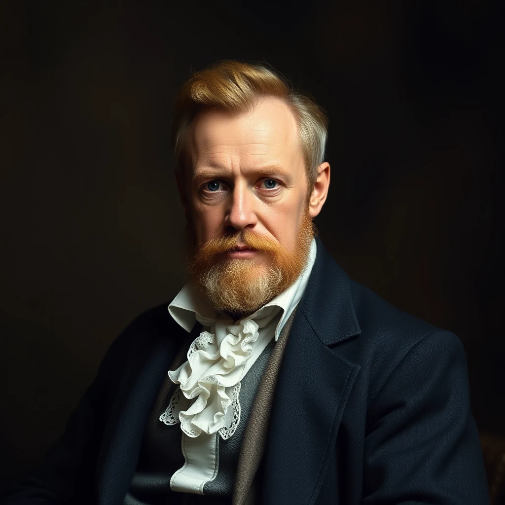A man with light hair and a red beard wears a dark suit with a white ruffled cravat, set against a dark background.