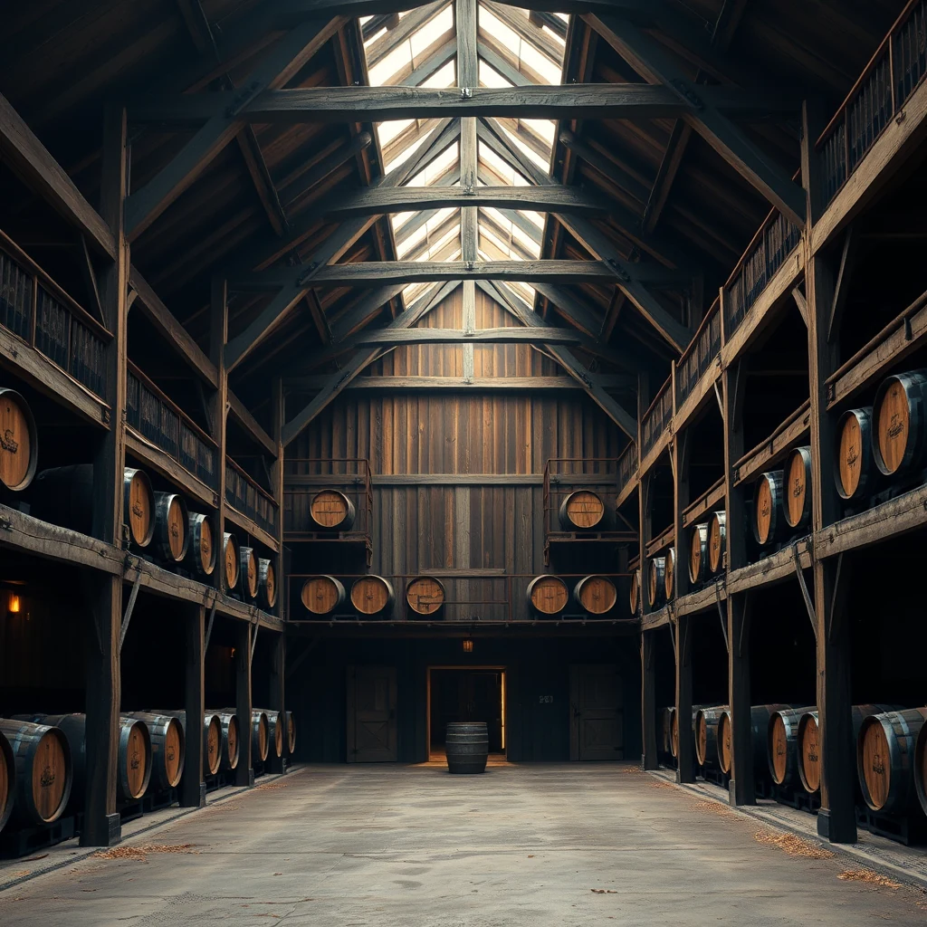 A traditional rickhouse with wooden beams and multiple levels of barrels, showcasing a spacious interior with a high, open ceiling and a central aisle leading to an illuminated doorway.