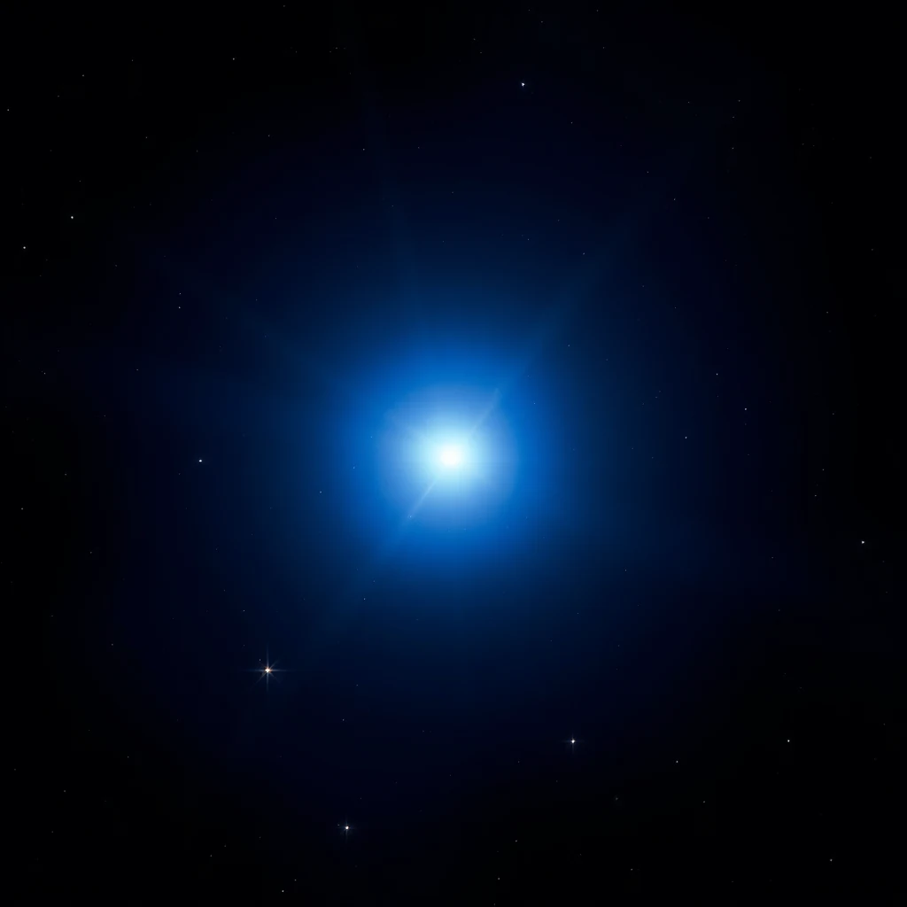 A bright blue star with a glowing core and a faint surrounding glow, set against a dark starry sky, represents Rigel, a supergiant star in Orion's constellation.