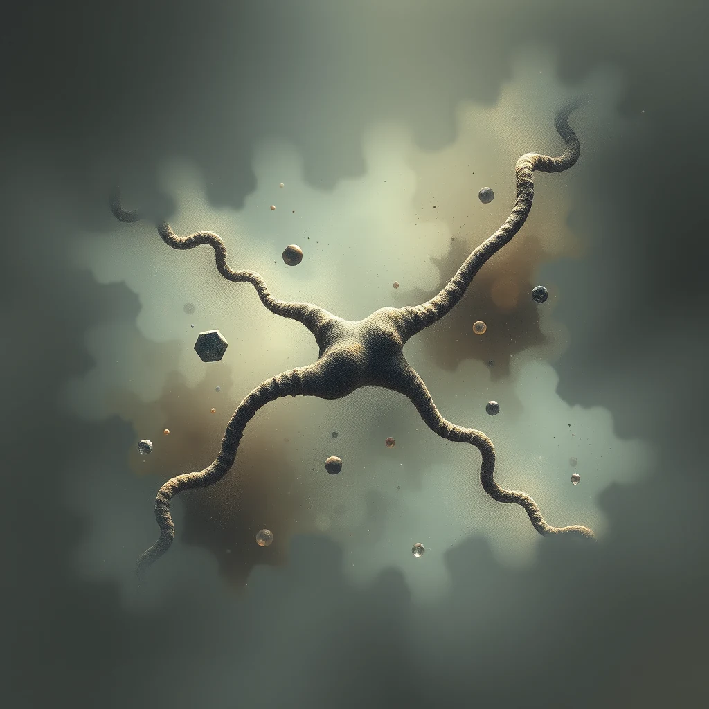 A neuron-like structure with multiple branches and floating particles against a gradient background represents the concept of the RNA world hypothesis, suggesting early life on Earth used RNA as both genetic material and catalyst.