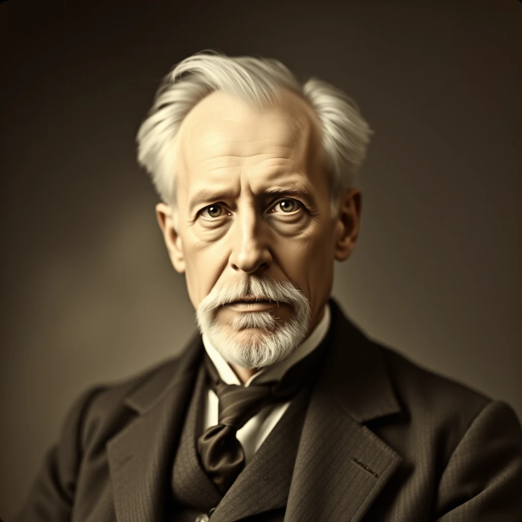 A man with white hair and a mustache, dressed in formal attire, stands against a dark background, exuding an air of scholarly respectability.