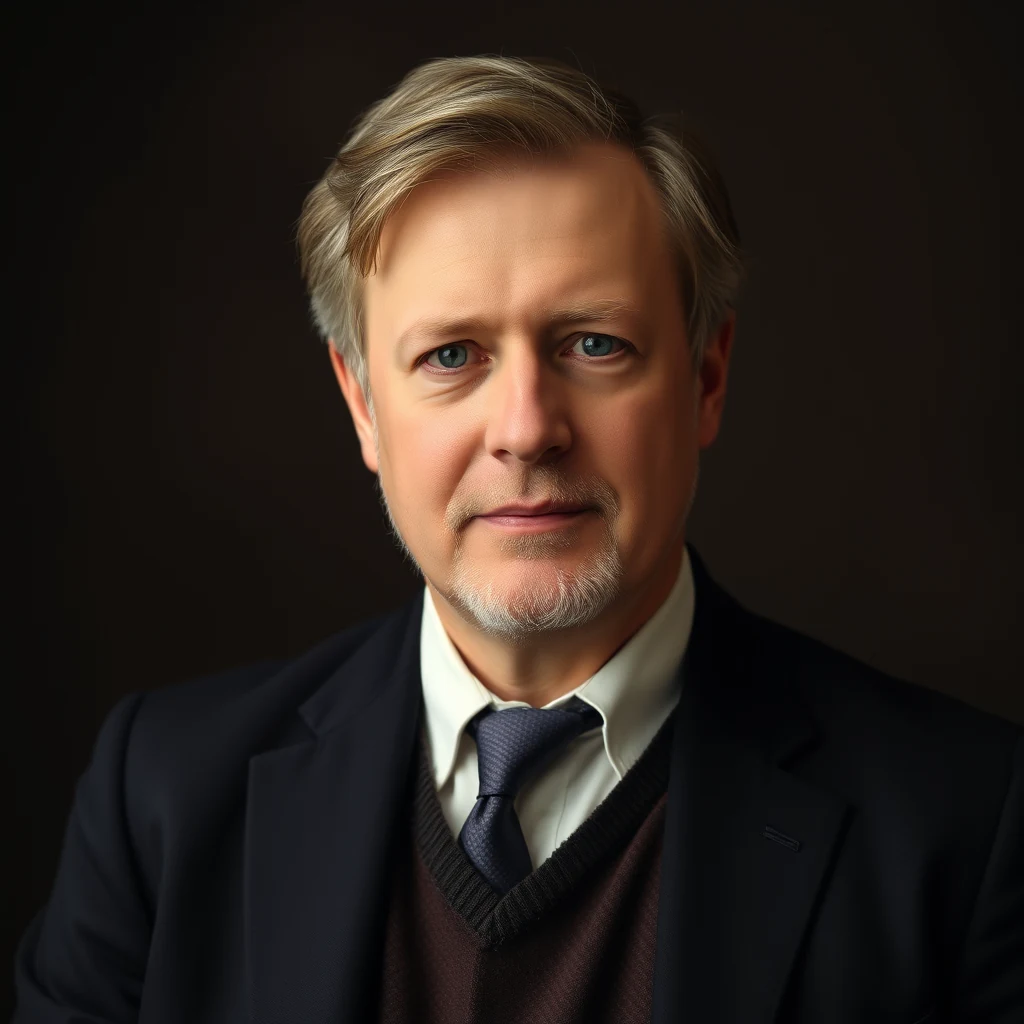 A man with short gray hair and a neatly trimmed beard wears a dark suit, white shirt, and dark tie over a brown sweater vest.
