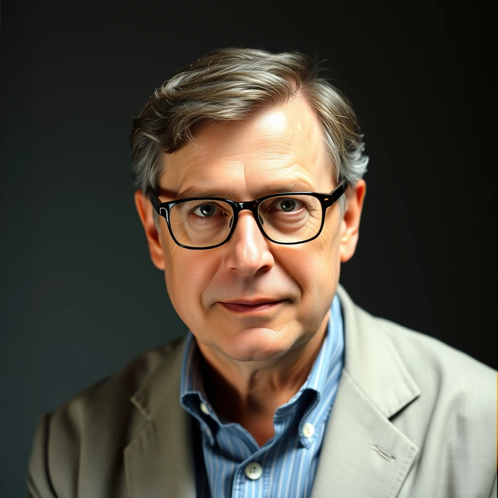 A man wearing glasses and a light-colored blazer over a striped shirt stands against a dark background.