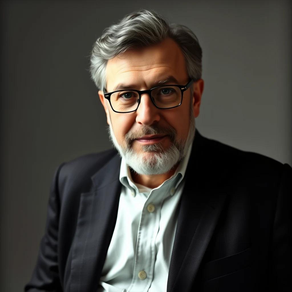 A man with gray hair and glasses, wearing a dark suit jacket over a light green shirt, stands against a neutral background.