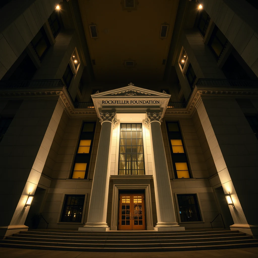 The entrance to the Rockefeller Foundation building is illuminated at night, showcasing its grand columns and lit windows.
