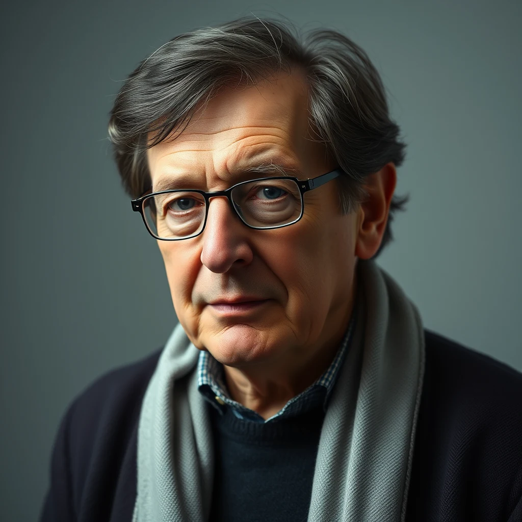 Roger Penrose, wearing glasses and a scarf, is captured in a close-up portrait against a neutral background.