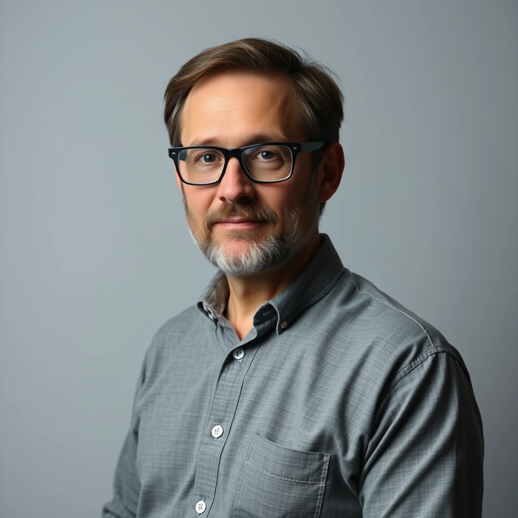 A man wearing glasses and a gray button-up shirt stands against a neutral background.