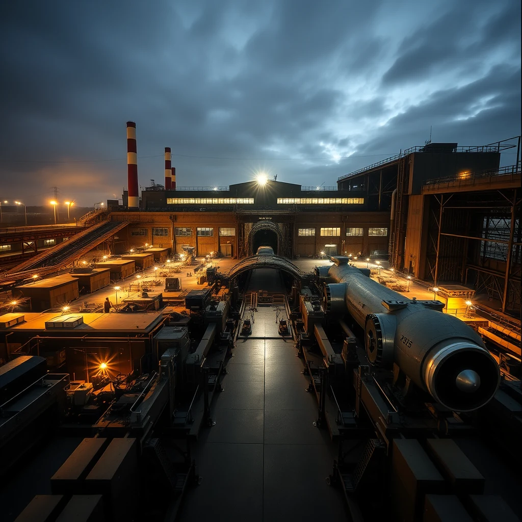 A nighttime view of the Rolls-Royce Hillington plant, showcasing its industrial architecture with illuminated buildings, smokestacks, and a large aircraft engine in the foreground.