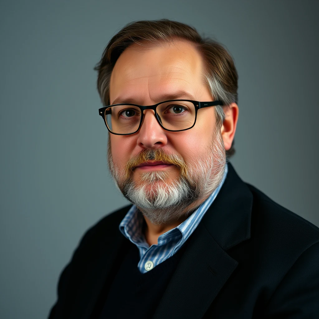 A man with glasses and a beard wearing a black blazer over a blue striped shirt stands against a neutral background.