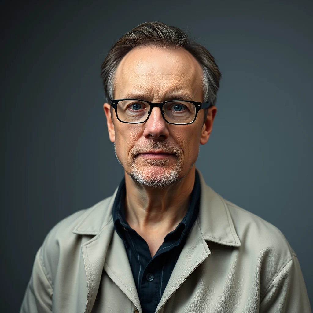 A man with short gray hair and glasses wears a light beige jacket over a dark shirt, set against a neutral background.