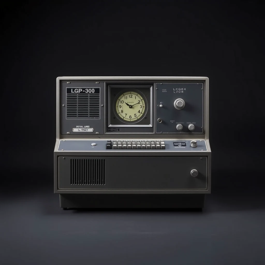 A vintage Royal McBee LGP-30 computer, featuring a clock, control panel, and keyboard, stands against a dark background.