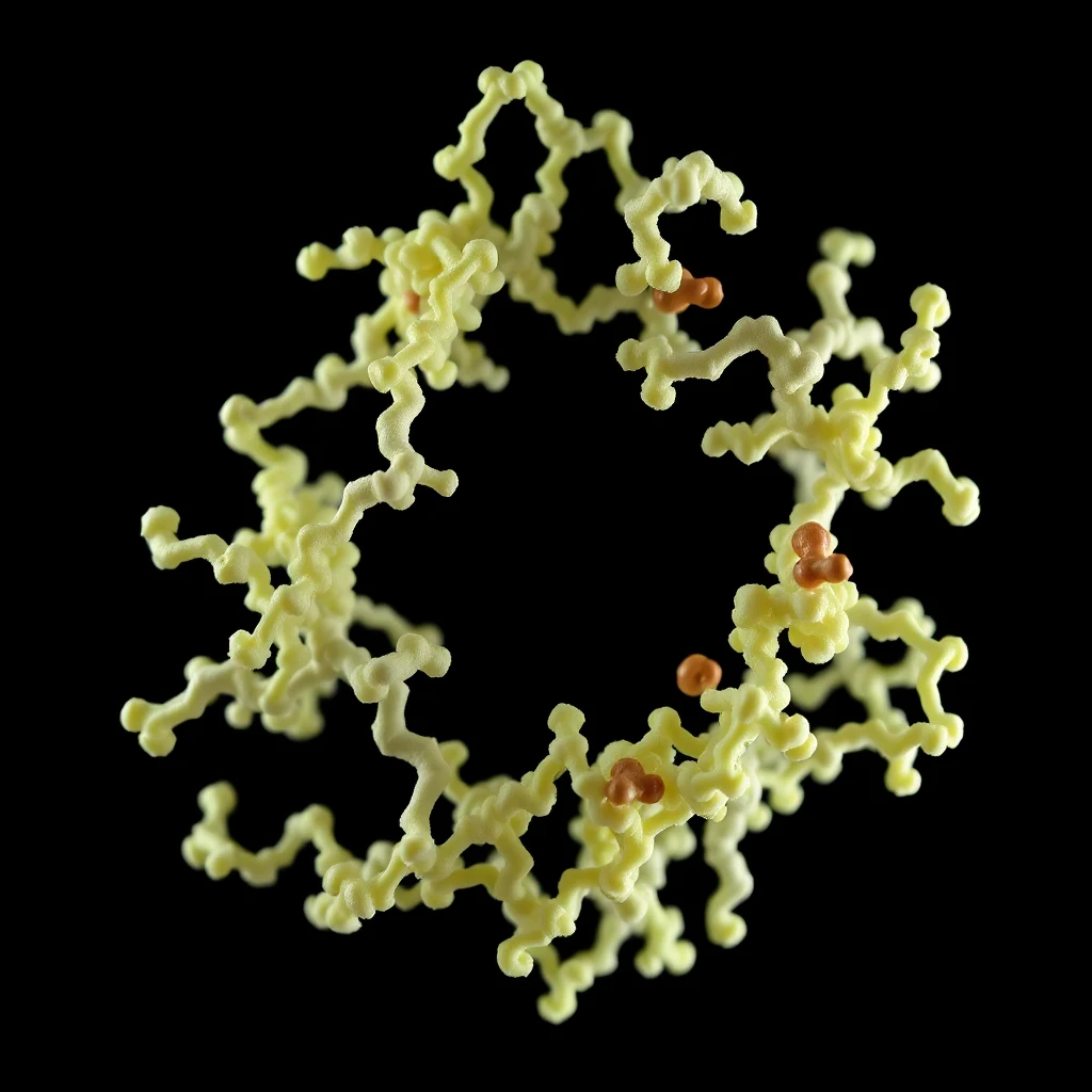 A model of RuBisCO, the enzyme responsible for carbon fixation in photosynthesis, is depicted with its characteristic branching structure and orange-colored active sites.