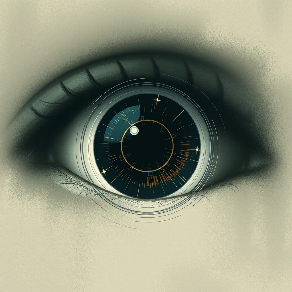 A close-up illustration of an eye with a futuristic, digital interface design in the iris, symbolizing the concept of saccade, a rapid eye movement.