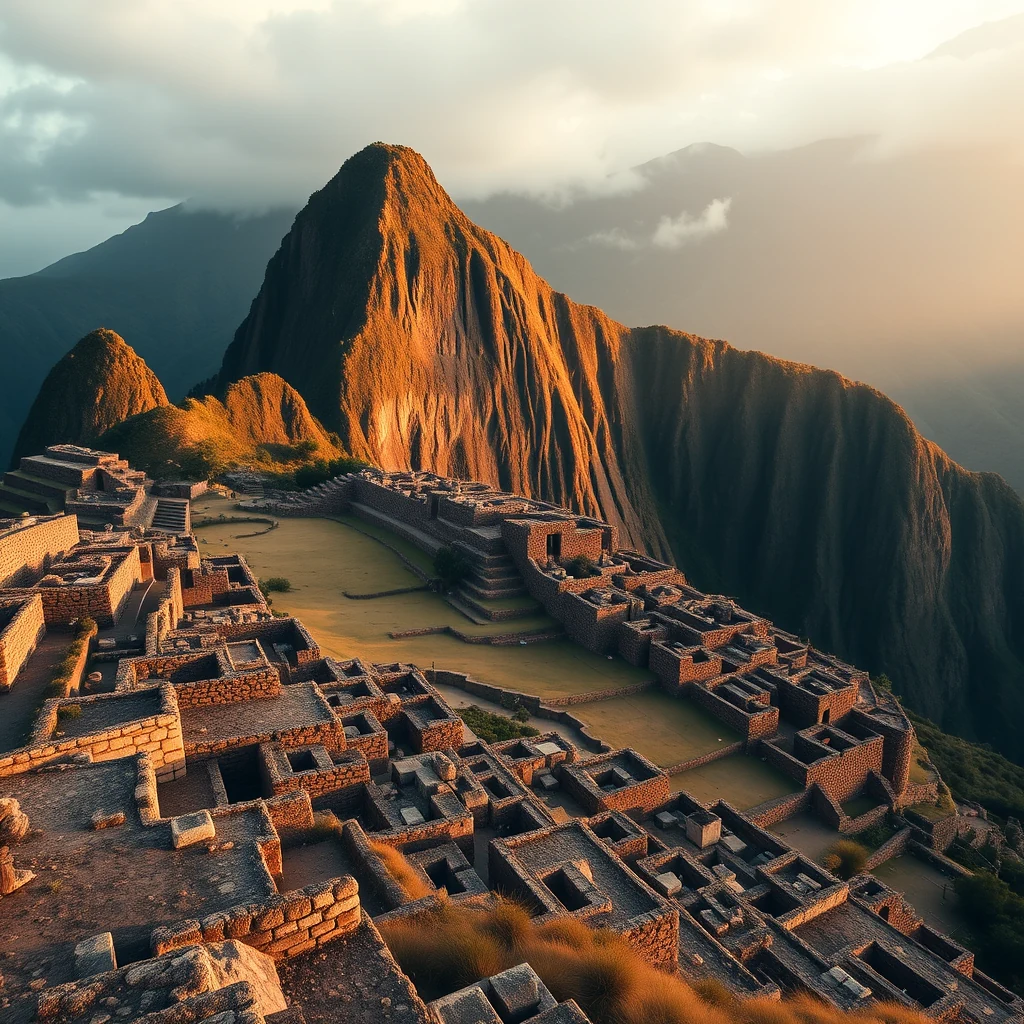 A walled complex with intricate stone structures and terraced zigzag walls stands majestically on a mountain ridge, bathed in golden light, showcasing the architectural prowess of the Inca civilization.