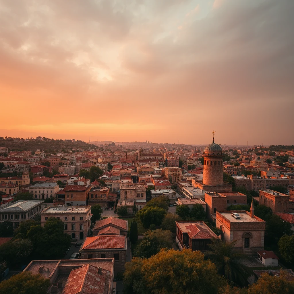 The image showcases a panoramic view of Şanlıurfa, the provincial capital in southeastern Turkey, with its historic architecture and vibrant urban landscape bathed in the warm hues of a sunset.