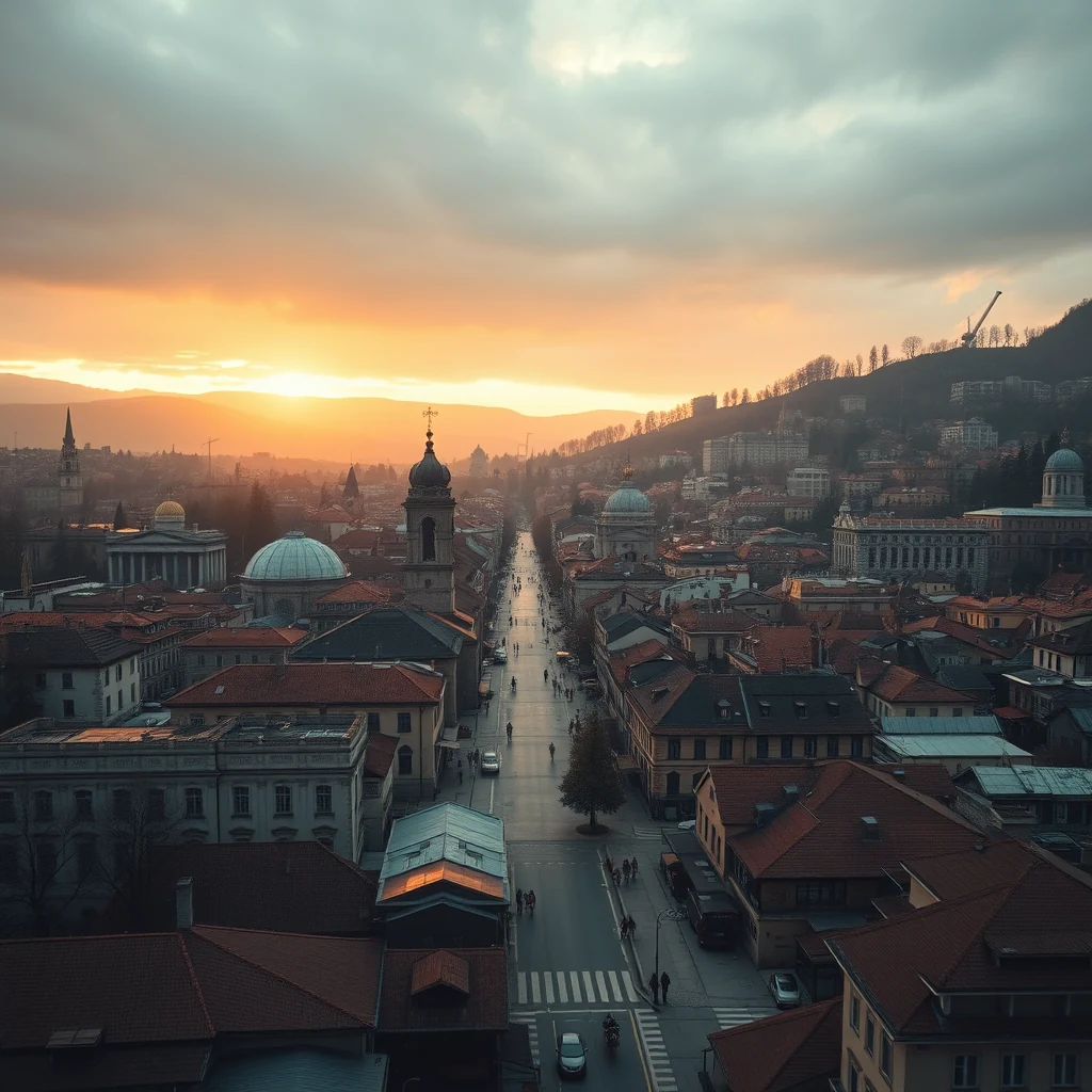 A panoramic view of Sarajevo at sunset, showcasing its historic architecture and bustling streets.