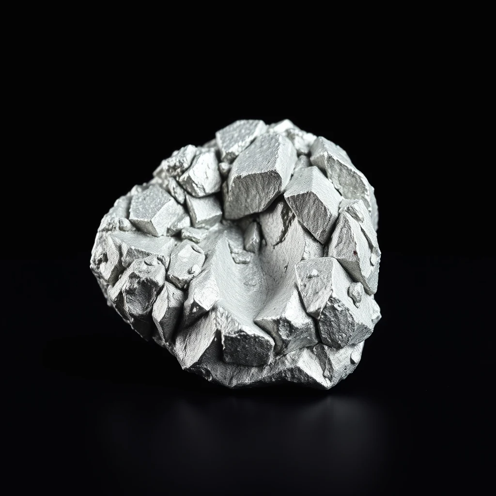 A metallic, silvery aggregate with a rough, fragmented texture, resembling a cluster of small, angular pieces, is displayed against a black background.