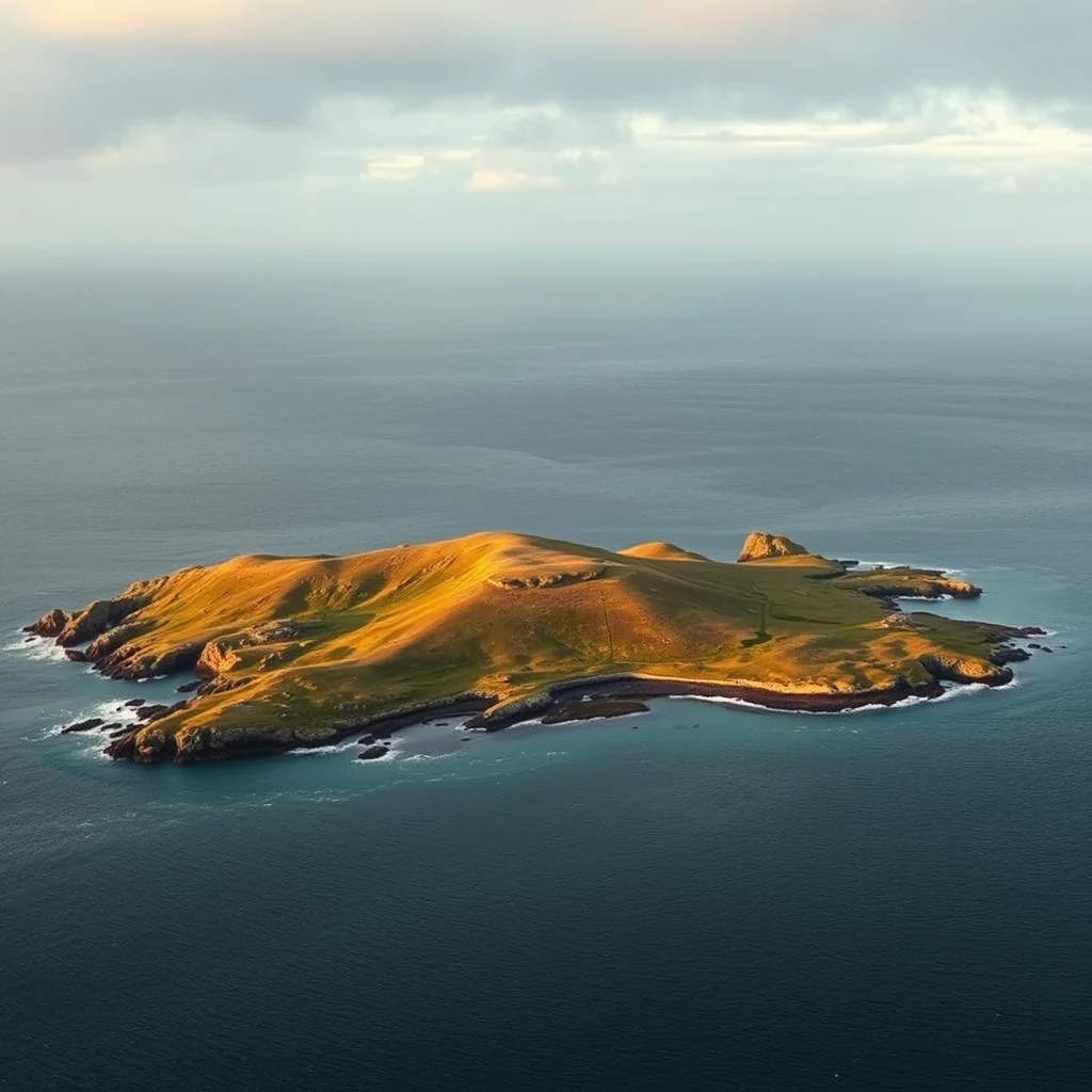 A small, sunlit island with rolling green hills and rugged cliffs is surrounded by deep blue waters under a cloudy sky.