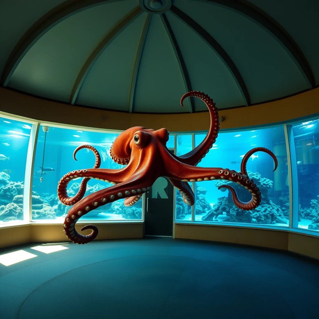A large, vibrant orange octopus emerges from an aquarium tank, its tentacles reaching out into a room with curved glass walls and a domed ceiling.