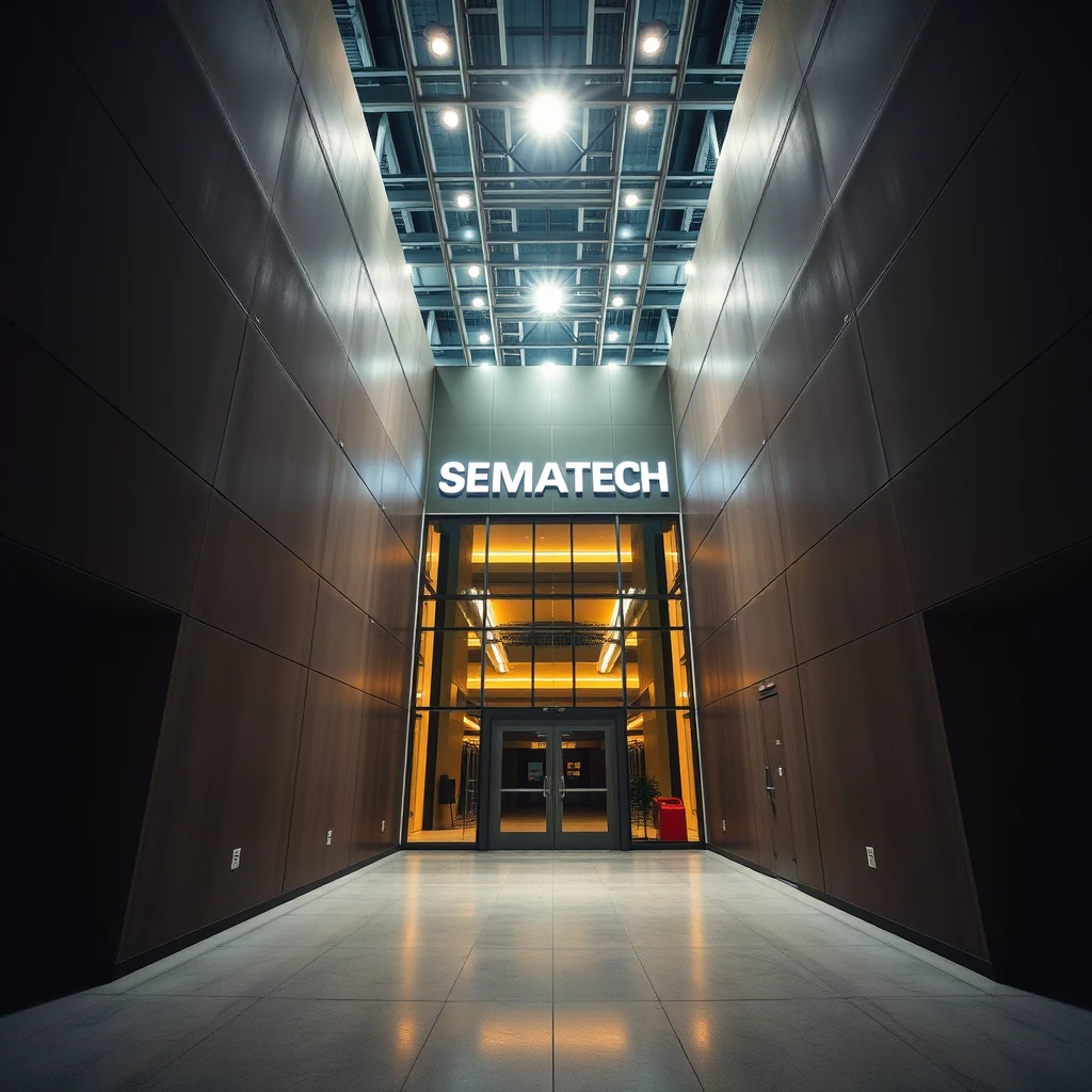 The entrance to SEMATECH, a modern building with sleek brown walls and illuminated signage, stands at the end of a well-lit corridor.