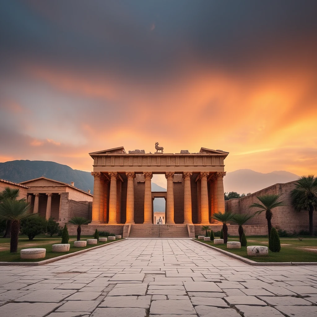 A grand ancient Greek temple with tall columns stands under a vibrant sunset sky, surrounded by palm trees and stone pathways, evoking the historical and architectural significance of the Serapeum in Alexandria.