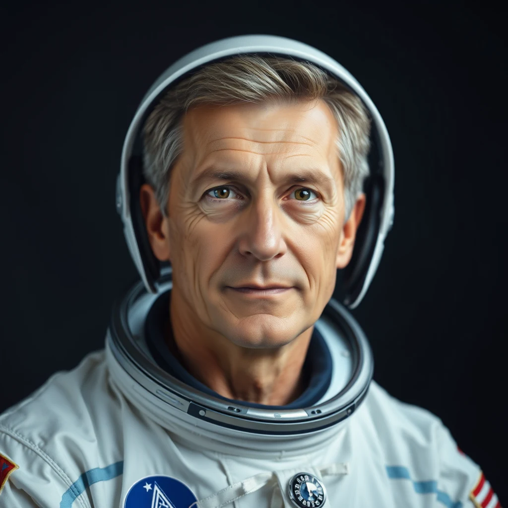 A person wearing a white spacesuit with mission patches, including one featuring the NASA logo, stands against a dark background.