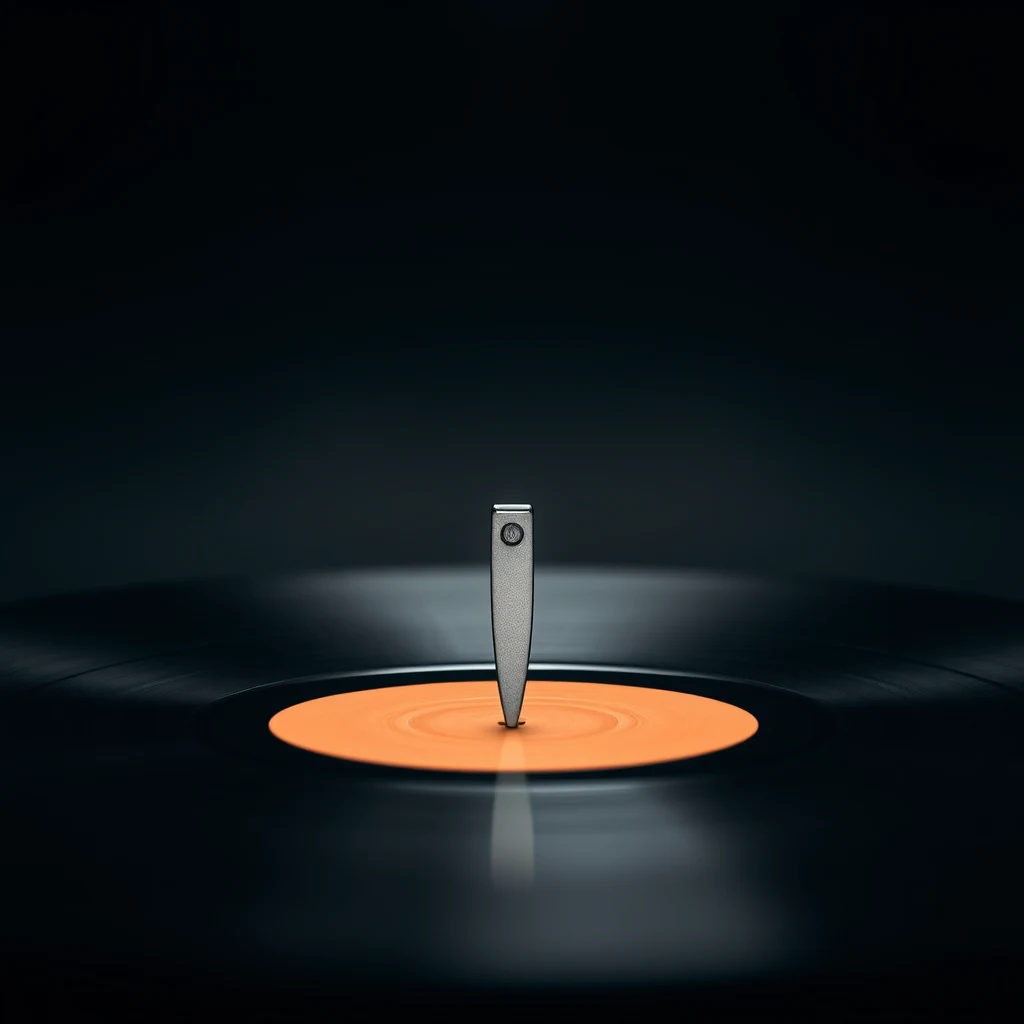 A Shibata stylus rests on a vinyl record, its long, narrow contact patch illuminated against an orange label and dark background.