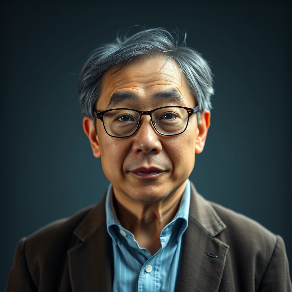 A man with gray hair and glasses wears a brown blazer over a light blue shirt against a dark background.