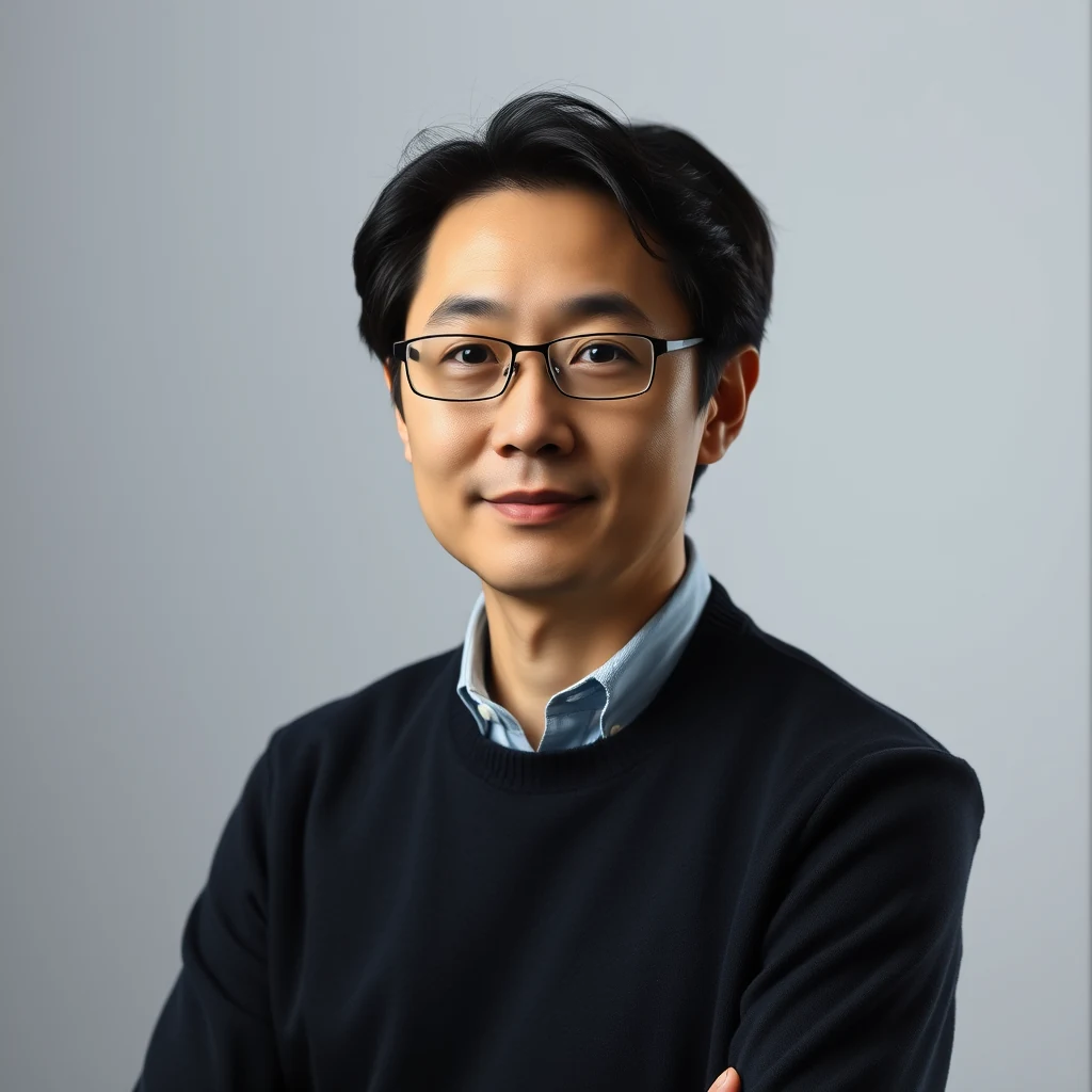 A person wearing glasses and a dark sweater over a light blue collared shirt stands with arms crossed against a neutral background.