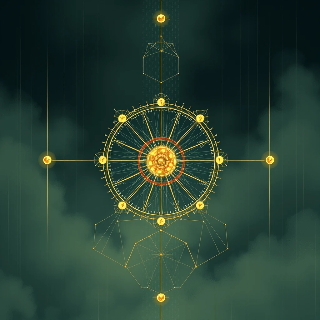 A golden geometric design with interconnected lines and nodes, symbolizing Shor's algorithm, a quantum computing concept from 1994 that leverages quantum superposition and interference to factor integers efficiently.