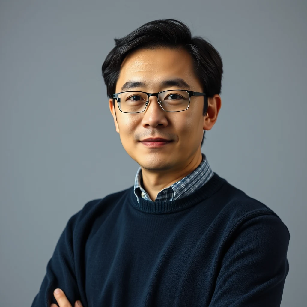 A person wearing glasses and a dark sweater with a plaid shirt underneath stands against a neutral background, arms crossed.