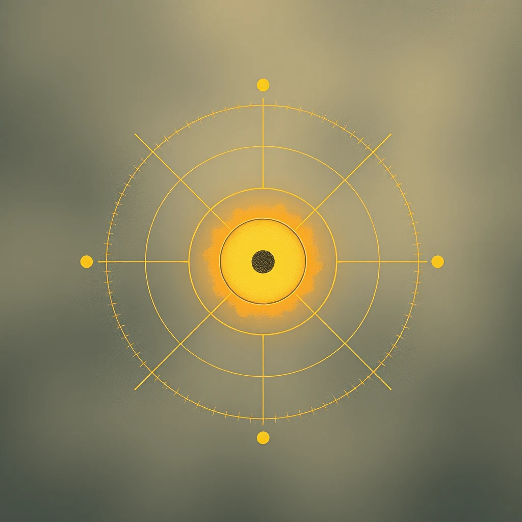 A circular diagram with concentric rings and four small yellow dots at the cardinal points represents the concept of SI base units, illustrating the foundational units used in the International System of Units.