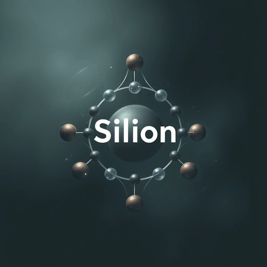 The image depicts a molecular structure representing silicon, with a central black sphere surrounded by twelve smaller spheres connected by lines, symbolizing its atomic arrangement.