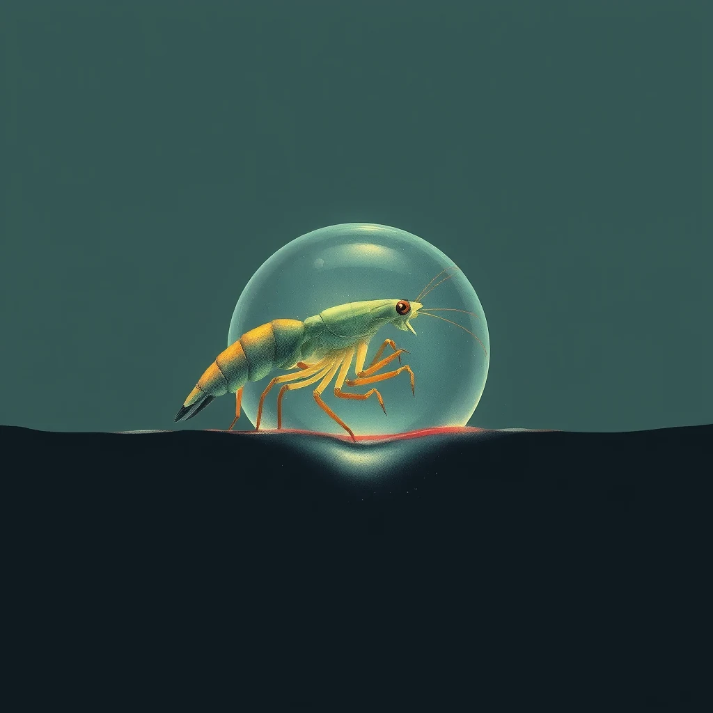 A mantis shrimp is depicted inside a transparent sphere, with its body partially submerged in water, illustrating the concept of sonoluminescence where short flashes of light are emitted from imploding bubbles driven by sound waves.