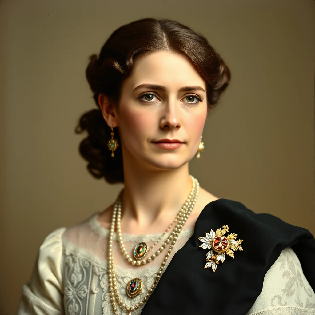 A woman with dark hair styled in an elegant updo wears a white lace dress adorned with pearls and a gold brooch featuring a red gemstone, set against a neutral background.