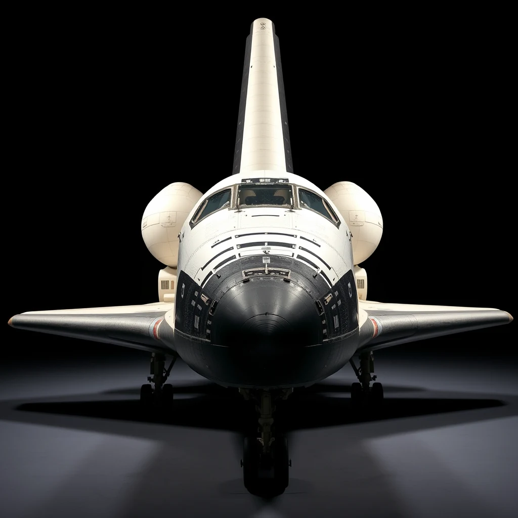 A Space Shuttle Discovery, with its distinctive white body and black nose, is shown in a dark setting, highlighting its sleek design and iconic features.