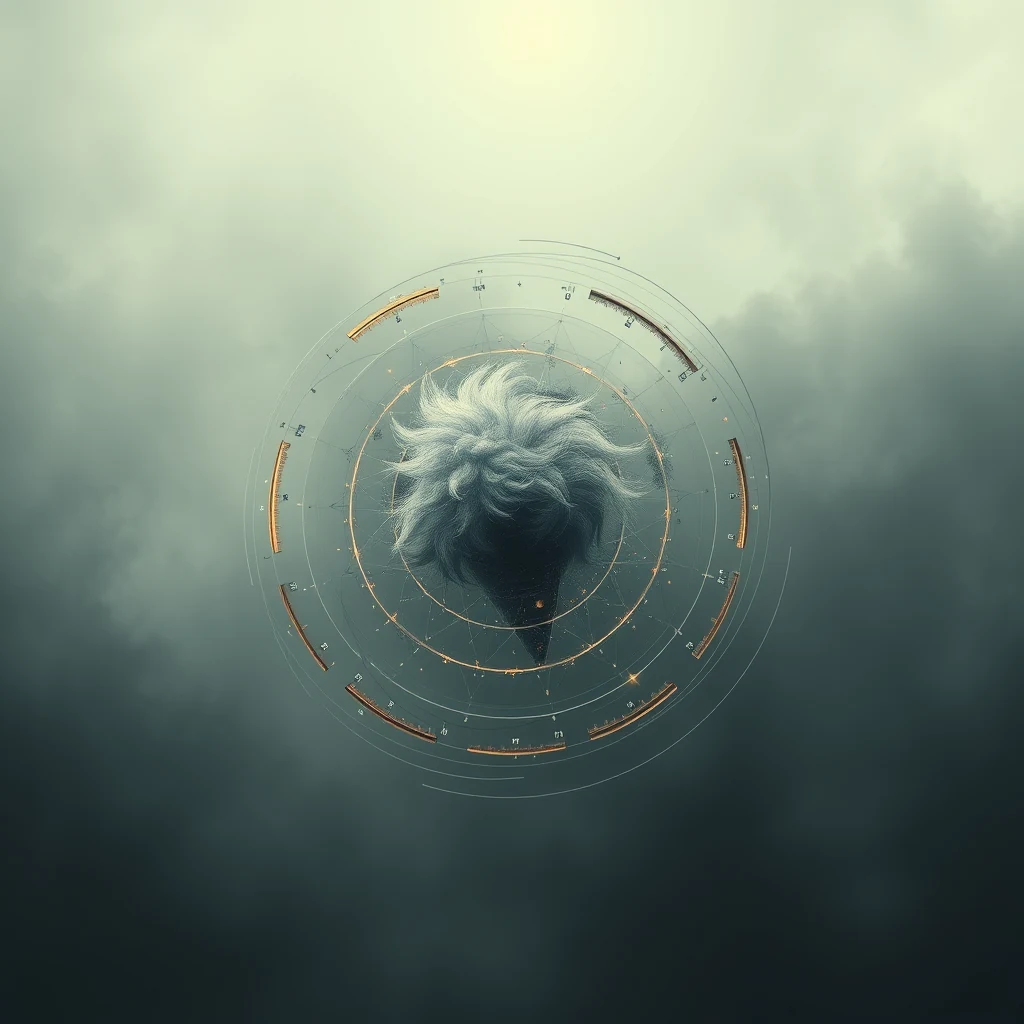 A circular diagram with concentric rings and numerical markings illustrates concepts related to special relativity, set against a backdrop of misty clouds.