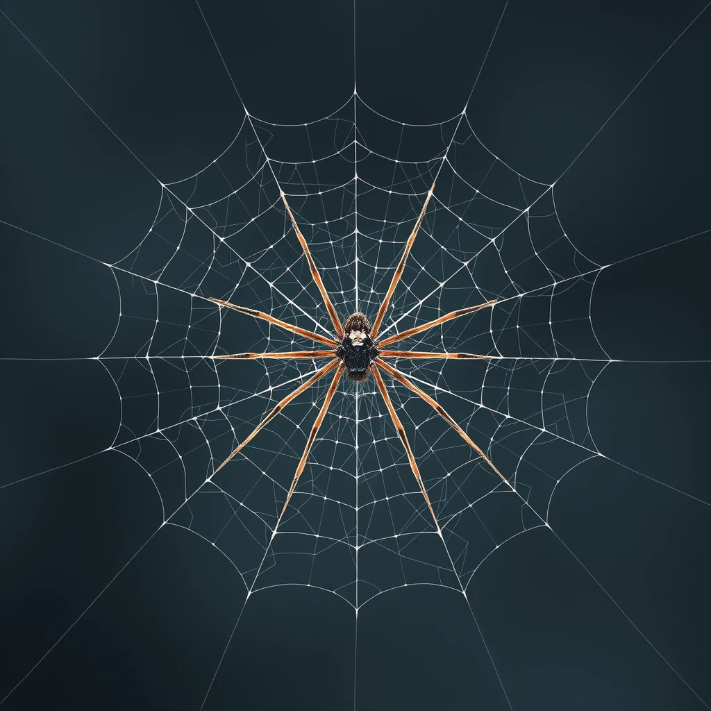 A spider sits at the center of its intricate web, showcasing the delicate structure and symmetry of its silk.
