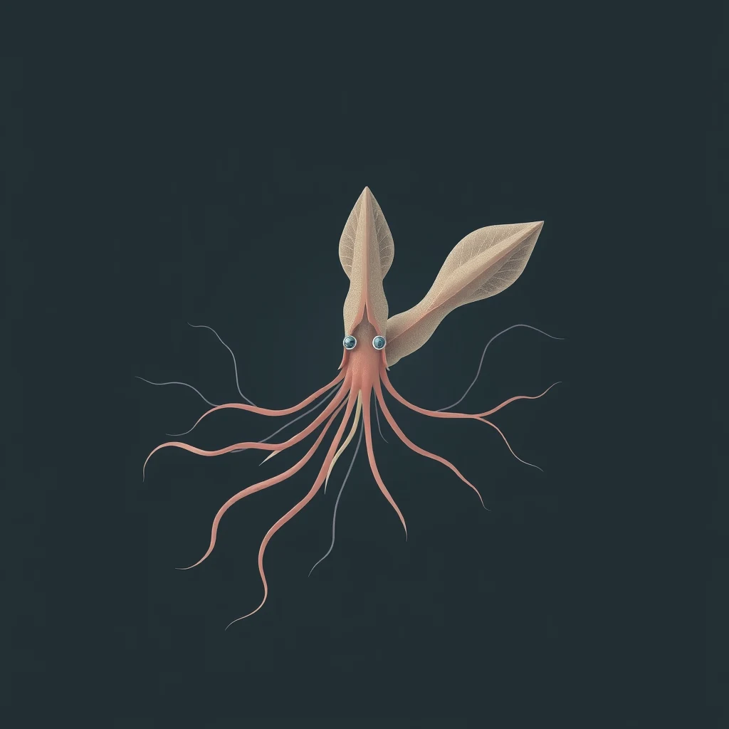 A detailed illustration of a squid giant axon, showcasing its large, elongated structure with a bulbous head and numerous thin appendages extending outward.
