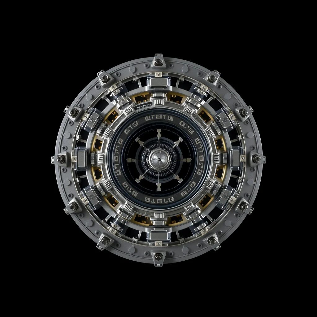 A circular mechanical device with intricate metal components and a central hub, likely representing an inertial reference system used in Ariane launchers to measure attitude and motion.