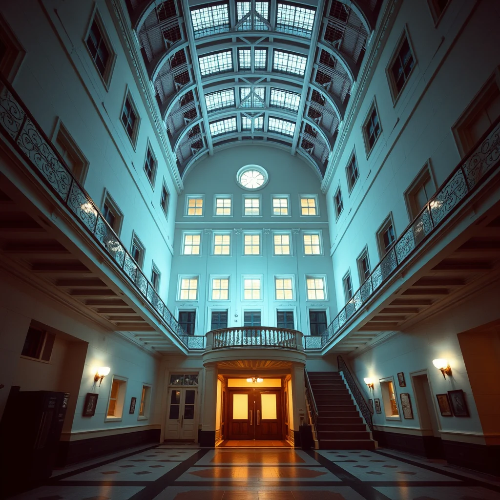 The grand interior of St Mary's Hospital features a spacious atrium with a high arched ceiling, ornate railings, and a central staircase leading to a warmly lit entrance.