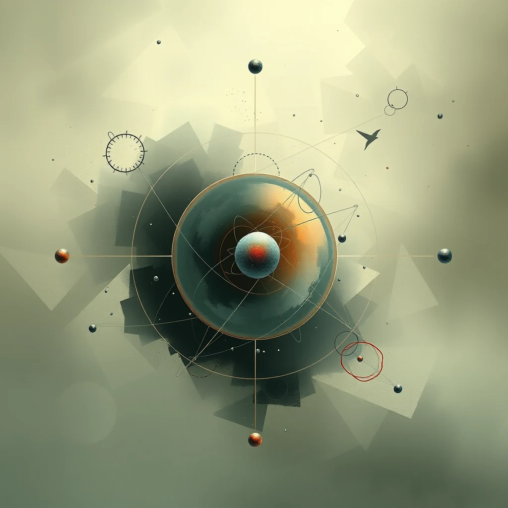 The image depicts a conceptual representation of the Standard Model, featuring a central atom-like structure surrounded by various particles and geometric shapes, symbolizing the fundamental forces and particles in particle physics.