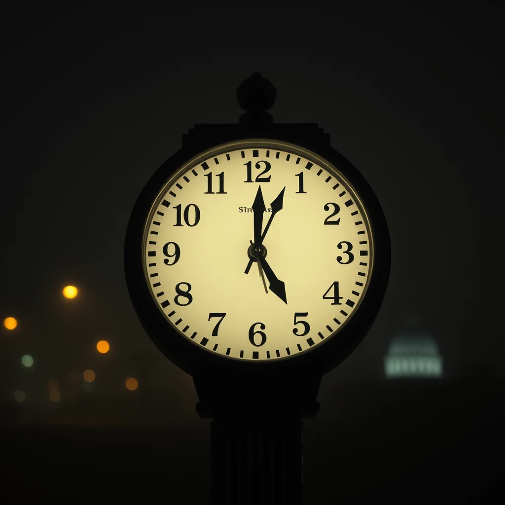 A glowing clock at night displays the time as 10:05, with a softly lit background featuring blurred lights and a distant building silhouette.