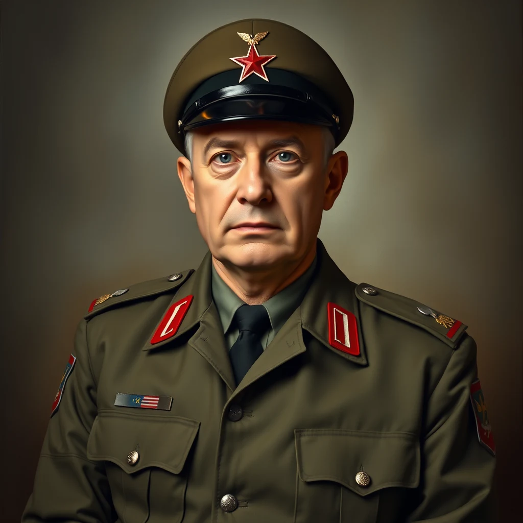 A man in a military uniform with red star insignia on his cap and shoulder patches stands against a dark background.