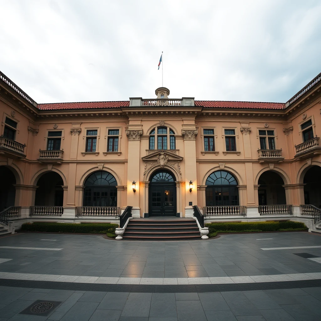A grand, neoclassical building with arched doorways and balconies stands under a cloudy sky, illuminated by warm lights at dusk.