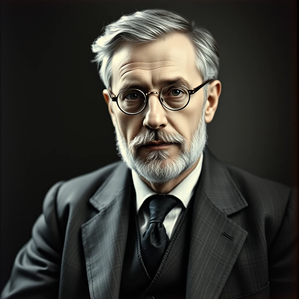 A man with gray hair and a beard, wearing glasses and a formal suit, is depicted in a portrait.